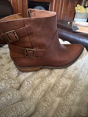 Lucky Brand Carolyn Women’s Brown Leather Ankle Boots with Buckle Detail